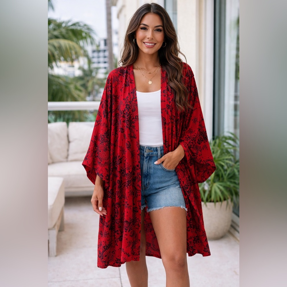 Red Floral Kimono Robe House Coat SOMA Red Black Open Front Size XL Loungewear
